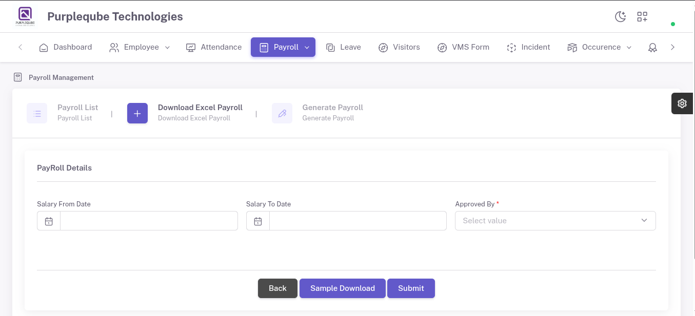 Download Excel Payroll tab showing PayRoll Details form with Salary From Date, Salary To Date, and Approved By fields